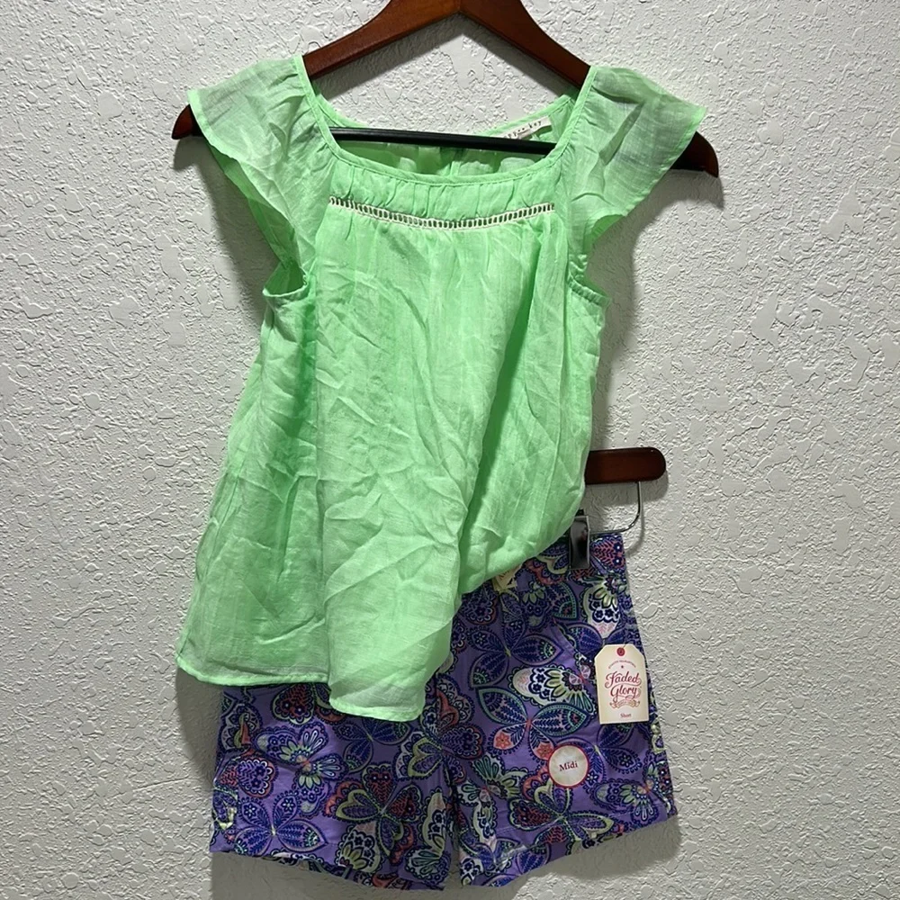 Copper key & Faded glory green & floral purple girls size 8 GUC..